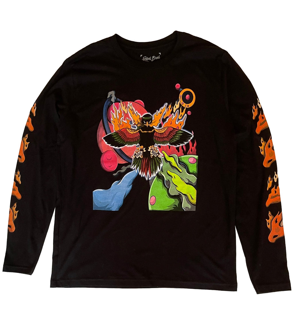 Sueded cotton long sleeve t-shirt with colorful graphic.  Urban streetwear  with unisex fit.